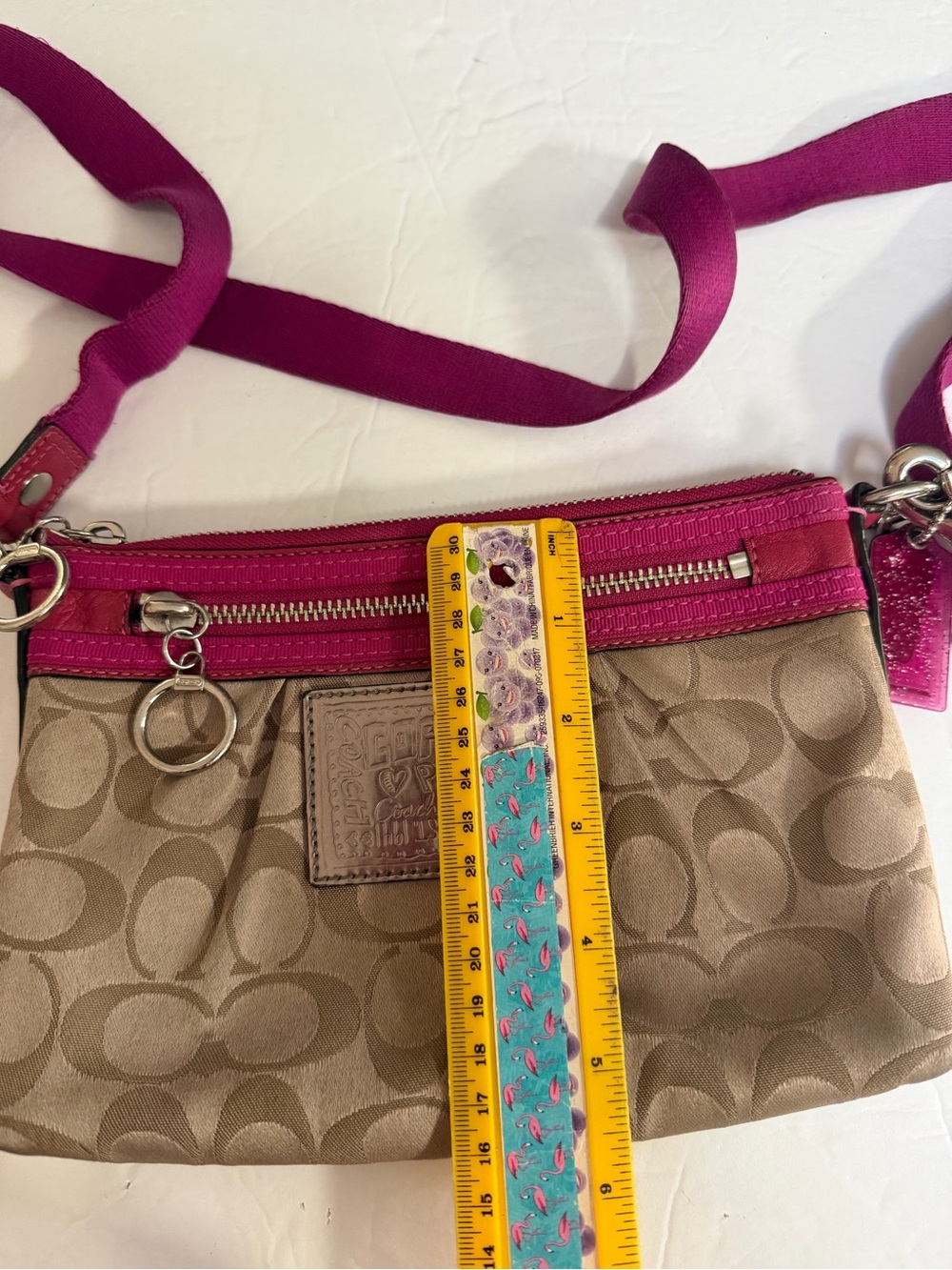 Coach Poppy Tan Signature Canvas Crossbody with Fuchsia Strap and Trim - Picture 12 of 12